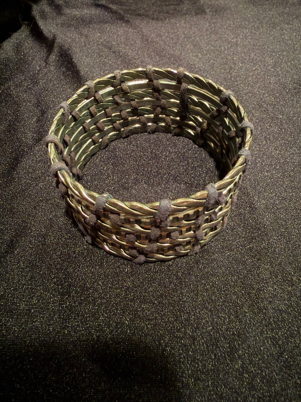 Silver tone vintage biker cuff bracelet braided metal leather wrapped Streetwear